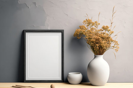 Landscape wooden frame mockup with vase decor over grey wall interior, blank mockup with copy areaの素材