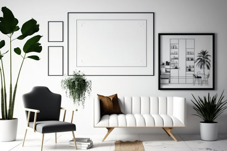 Interior planning for a chic living room with a chair, a modern toilet, mock up frames, and distinctive home furnishings. Template. the space barの素材