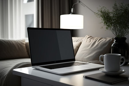 Laptop on a desktop with blank screen mockup and living room interior in the backgroundの素材