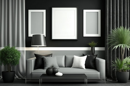Monochromatic black and silver interior with chairs, plants, four frames on the wall, and a mock-up poster frameの素材