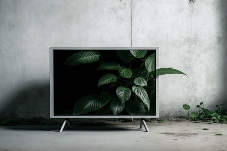Led TV on stand with grunge concrete wall background, Blank screen television in home, interiorの素材