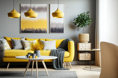 Lamps above a wooden table in an open concept room with a yellow throw on a gray sofa. real pictureの素材
