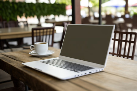 Laptop with blank screen on table in cafe backgroundの素材