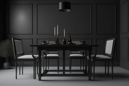 A corner of a dark room holds a long, black dining table with black and wooden chairs. a mockupの素材
