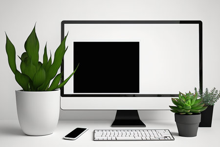 Isolated computer screen with a contemporary background. pencil shaped plant vase with water glassの素材