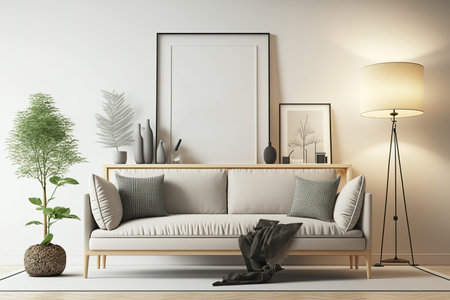Interior design, image, living room with floor lamp, beige sofa, and horizontal frameの素材