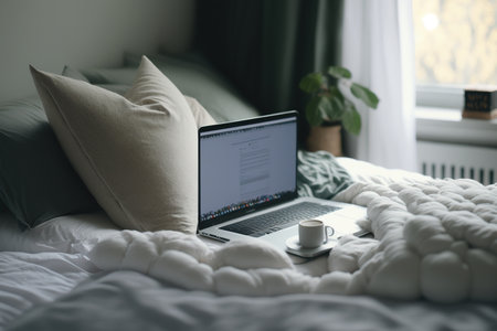 Window-lit laptop on bed. White screen for advertising textの素材