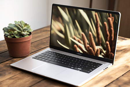 Laptop computer with copy space in the background on a wooden tableの素材