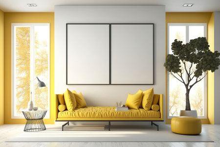 Interior with view, lavish yellow furnishings, an empty frame, and horizontal copyspaceの素材