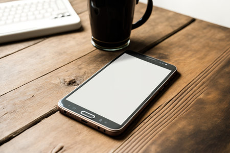 Large modern smartphone with a rustic wooden table in profile. an empty, white screenの素材