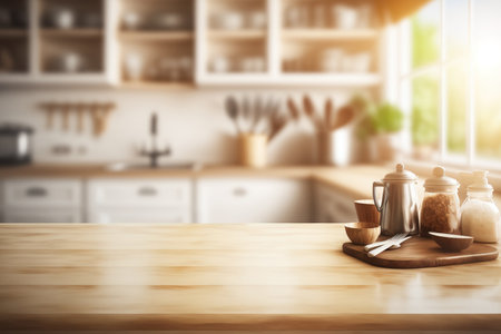 Kitchen interior with copy space and a wooden tabletop overlaidの素材