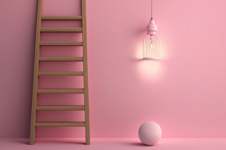 Pink background with a ladder and a light bulb. small-scale conceptの素材