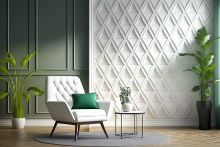 Living room with white and green diamond wall design, white armchair, coffee table, and wooden floor. mockupの素材