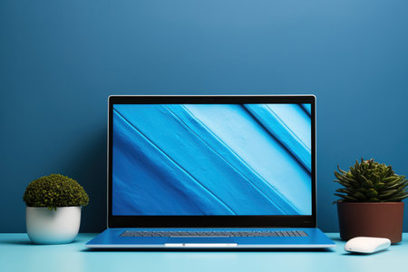 Laptop on a table with a vivid blue background. a mockupの素材