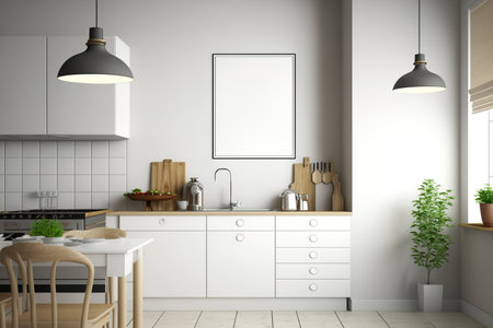 interior of a kitchen with a poster on the wallの素材
