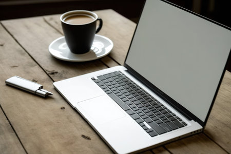 Blank laptop or notebook screen on a wooden tableの素材