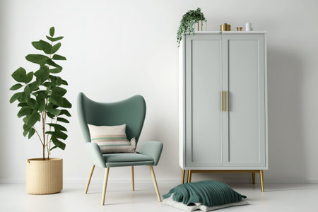 Living room interior with chair, plaid and wardrobe on empty white wall background.の素材