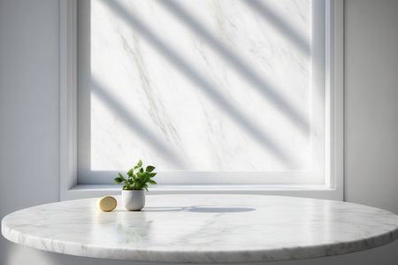 For a mockup product display, a marble table with a window shadow drop is shown against a white wallの素材