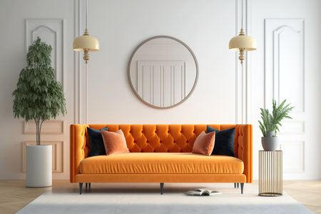 A vibrant accent sofa is located in the middle of a spacious living room. Velvet is terracotta, orange, and carrot in color. blank white mockup wall for artの素材