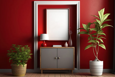 Living room with mock picture frame over cupboard on red wall, rich furniture, houseplant, and window lightの素材