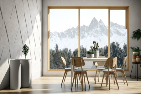 Interior of a light dining room with a view of the mountains, an empty concrete wall, a wooden floor, and a plant. a mockupの素材