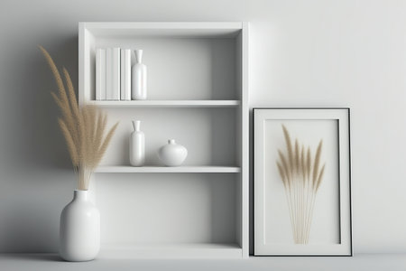 Living room with pampas grass in the vase, picture frame, and shelving is decorated simplyの素材