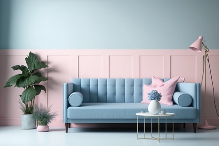 Living room millennial pink interior wall mockup with light blue sofa, vacant white wall, and free space above, drawingの素材