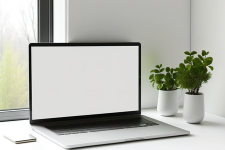 Laptop PC with blank screen on white wooden table in minimalistic house interiorâillustration mockup templateの素材
