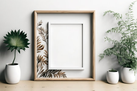 Landscape wooden frame mockup on white wall minimalistic interior with copy space for artwork, photo, painting or print presentationの素材