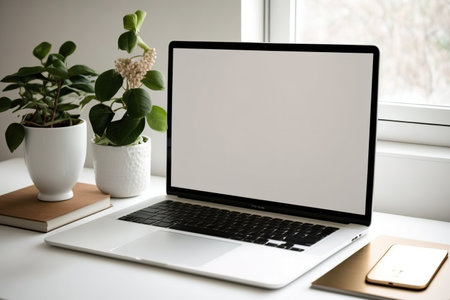Laptop with a white, blank screen on an interior office desk. Mockup table view in stylish rose gold for the workplace. sweeping bannerの素材
