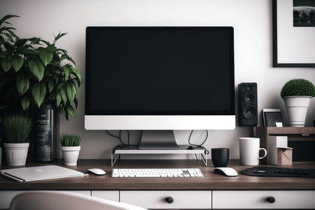 modern desktop computer with supplies in a loftの素材