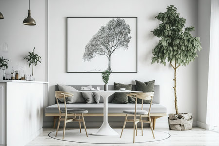 Living room with a dining table, a white wall as the background, and a minimalist designの素材