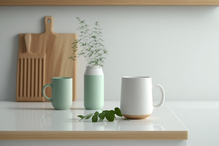 Mockup of a simple, comfy counter for product presentations. branding with a bright wood top, a green counter, a warm white wall, and a glass vase of grass. Interior of a kitchenの素材