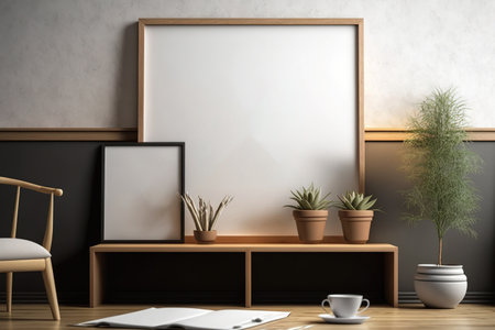 Minimalist horizontal wooden poster or photo frame mockup on living room wall with deskの素材