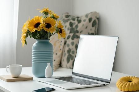 Laptop computer with blank screen, office supplies and craspedia in a vase. Boho style interiorの素材
