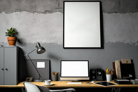 Grey wall in a loft office with a fake posterの素材