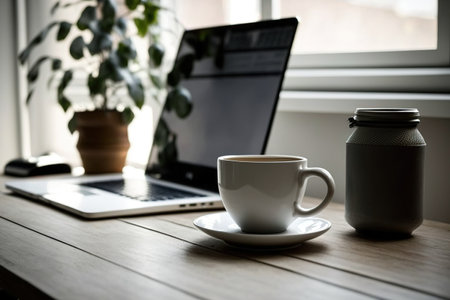 bare-bones office with a laptop and a cup of coffee on a wooden tableの素材