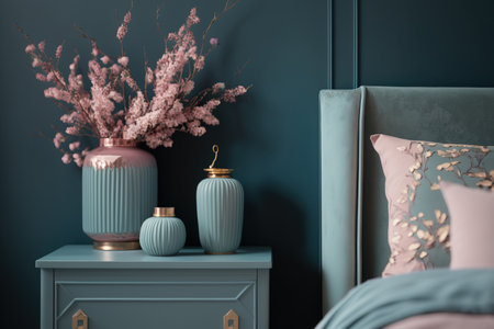 In a pastel bedroom with a blue background, a long ornamental black vase with branches is placed next to the nightstandの素材