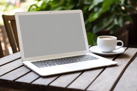 Mockup, template for your writing, laptop with blank screen on wood table with coffee cafe background Clipping paths for the background and the device screen are suppliedの素材