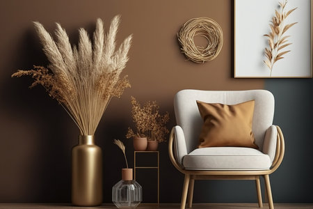 Living room interior wall mockup in warm tones with beige linen armchair and dried Pampas grass in trendy vase. Boho style decoration on empty wall background. , illustrationの素材