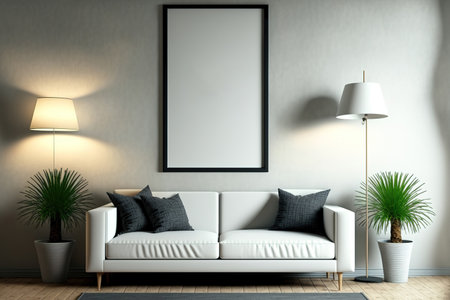 Living room wall with a mock poster frame. Modern background with a luxurious apartment. , contemporary interior designの素材
