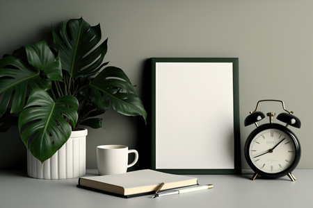 Minimal concept home interior with decor. Mockup with empty note book and tropical green leaf in vase. Philodendron Xanadu in modern pot, businessman white alarm clock on table wallの素材