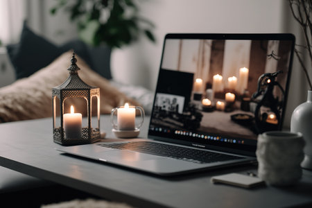 Blank laptop screen on table with candles and floor lamp. Boho home interior design template with mockup copy area. Branding, blog, social media, online storeの素材