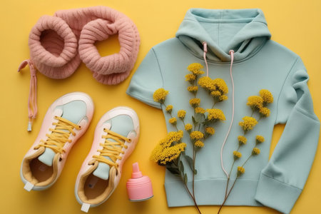 knitted yellow sweater, pink flowers, cozy autumn on a blue background. Headphones and sneakers for street jogging.Flat lay, top view. Home decorの素材