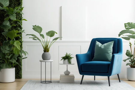 Blue armchair and white wall mockup in living roomの素材