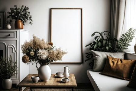 Living space with basic bohemian furnishings, a brown mock up poster frame, vases of flowers, and fashionable accents. staging a home space copy templateの素材