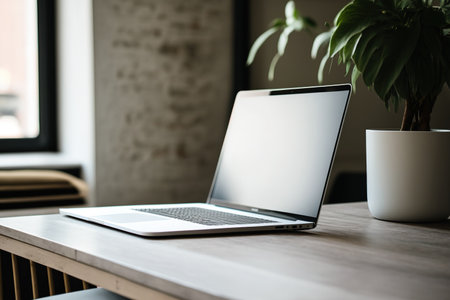 Workplace laptop with blank screenの素材