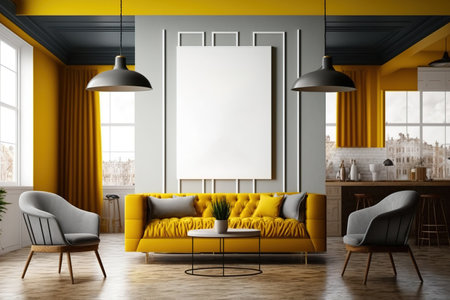 Living room interior with two enormous vertical posters hanging on the wall, a bar with stools, and a yellow sofaの素材