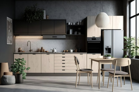 Minimalist kitchen in beige, concrete, and woodの素材