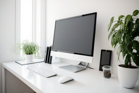 Modern home office mockup computer with blank display on white tableの素材